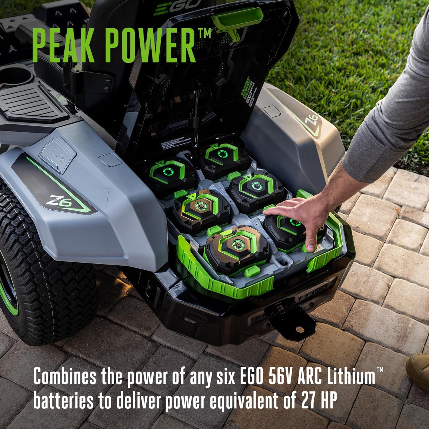 EGO Z6 zero turn mower review complete unboxing showing the mower, six 10.0Ah batteries, and 880W charger