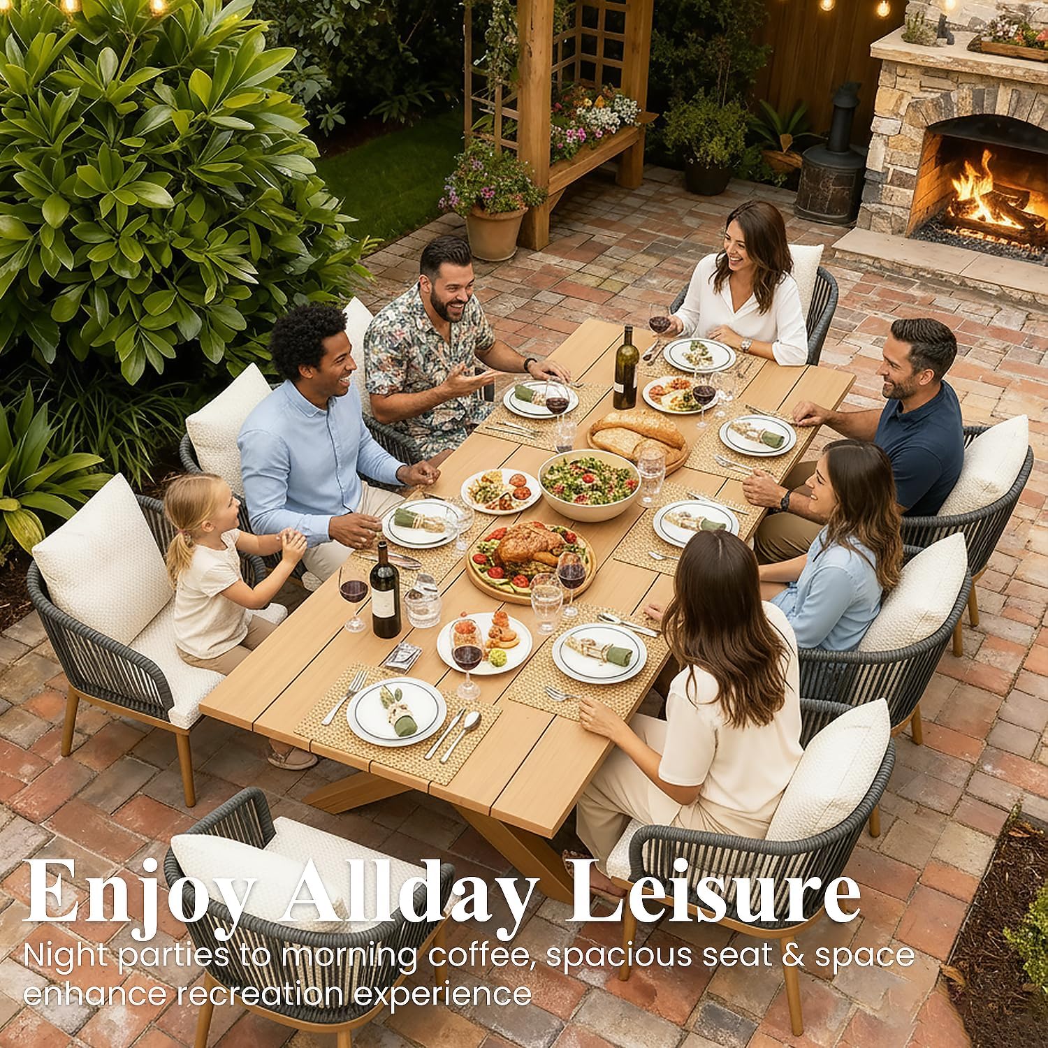 LayinSun outdoor patio dining set review unboxing showing the 80 inch table and eight chairs included in the 9 piece set